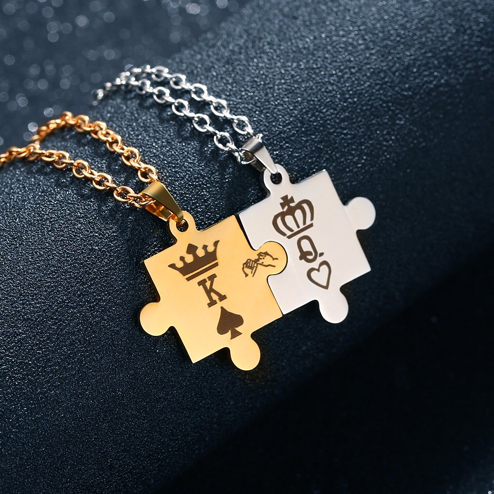 GAGAFEEL K & Q Crown Couple Necklaces Stainless Steel His Hers Puzzle Pendant Anniversary Promise Gift (K&Q)