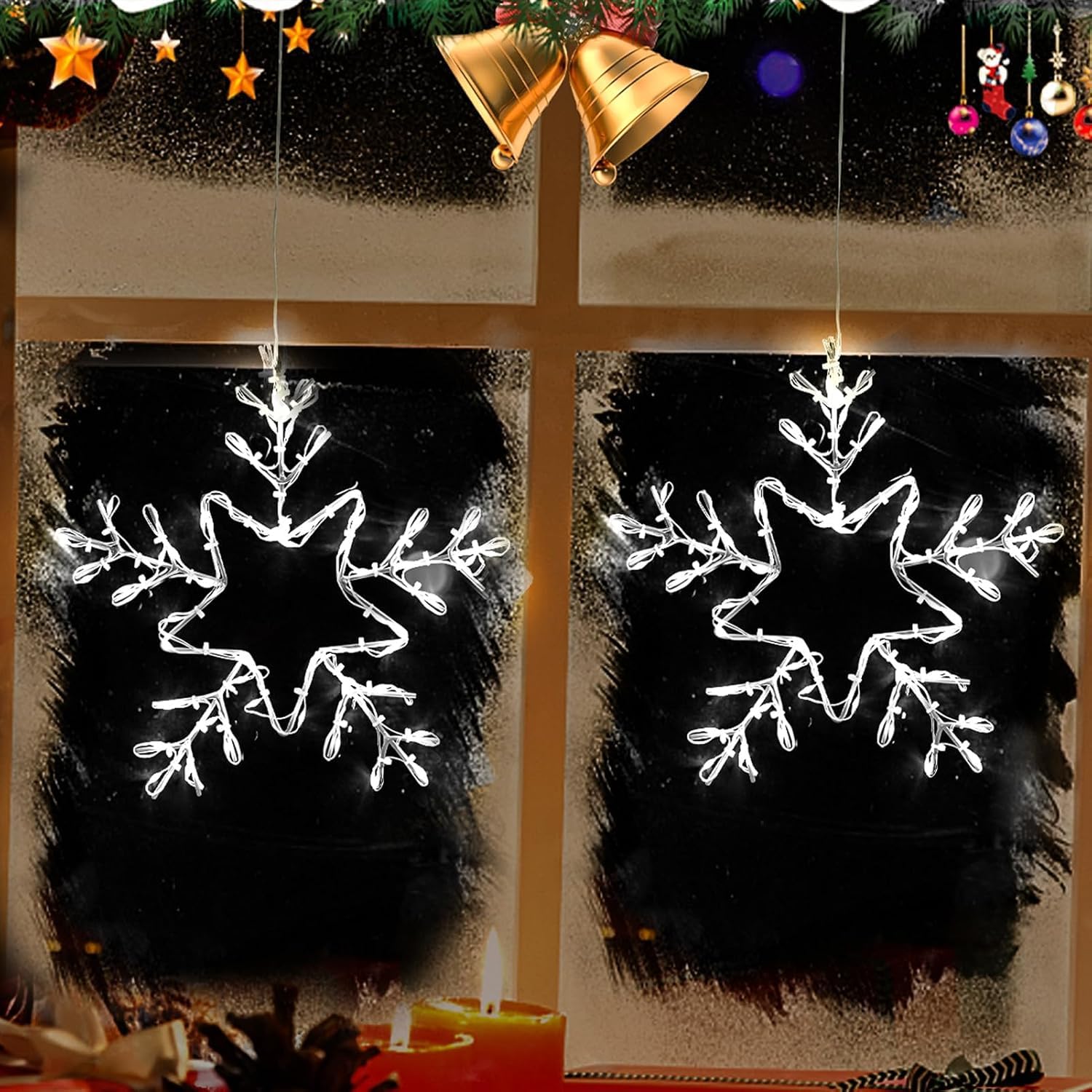 Photo 1 of 2 Pack Christmas Window Snowflake Lights, LED Hanging Decorations Iron Frame Lights, 8 Lighting Modes for Xmas Holiday Indoor Outdoor Wall Party Decor
