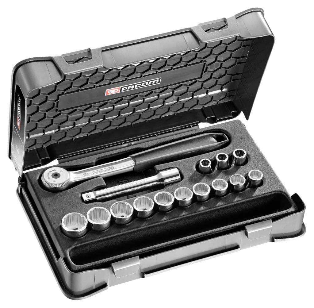 Facom - 1/2-inch Socket Set with 12 Metric Sides, 15 Pieces - S.151-1P12 - Socket Box - Mechanical Tools - 1 Ratchet, 13 sockets, 1 Extension 1 Pictogram Board, 1 Box and 1 Tray