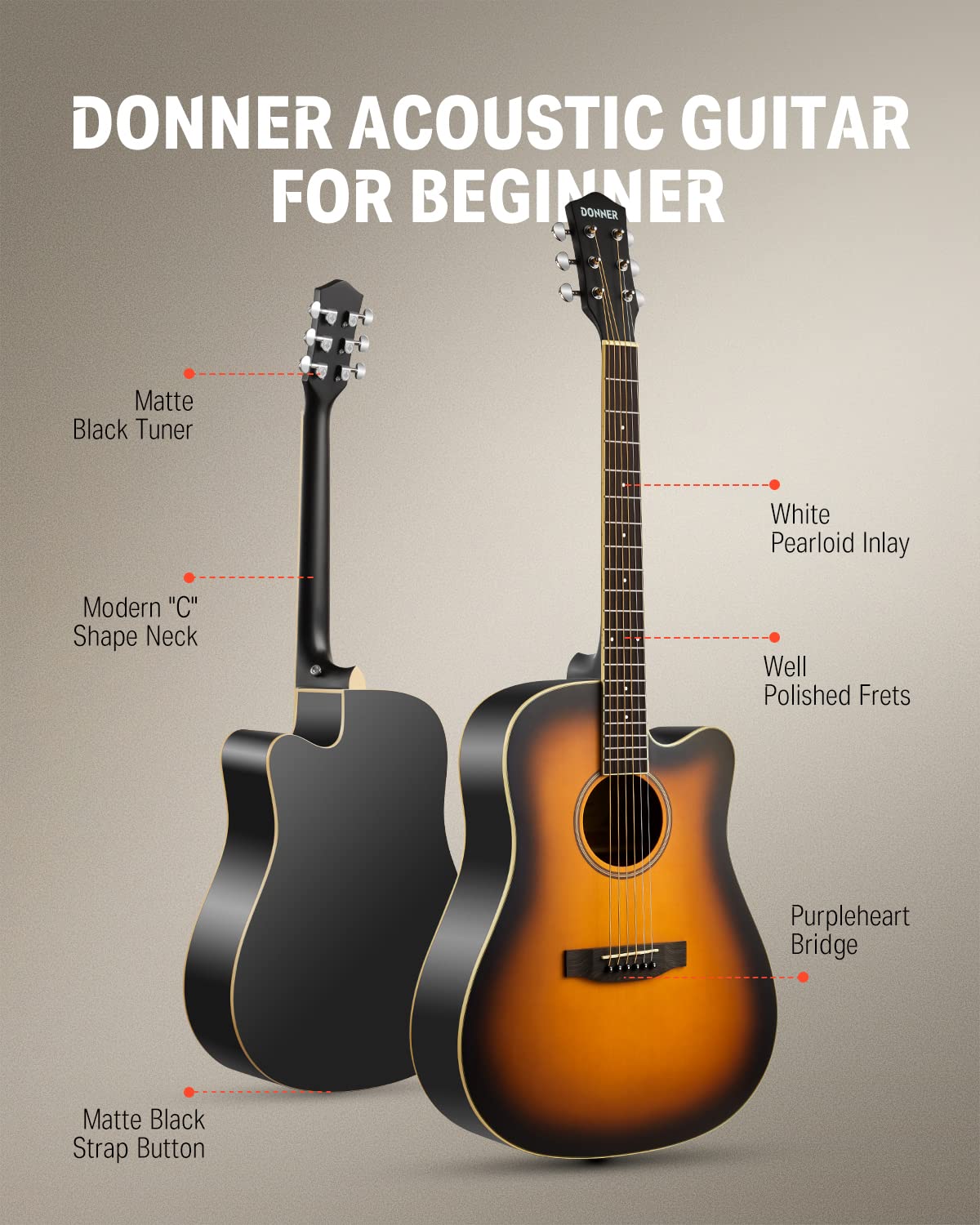 Donner Guitarra acústica para principiantes adultos tamaño completo Cutaway Acustica Guitarra Bundle Kit con bolsa de lección en línea gratuita Correa afinador Capo Pickguard String Pick, mano derecha 41"Sunburst, DAG-1CS/DAD-160CS