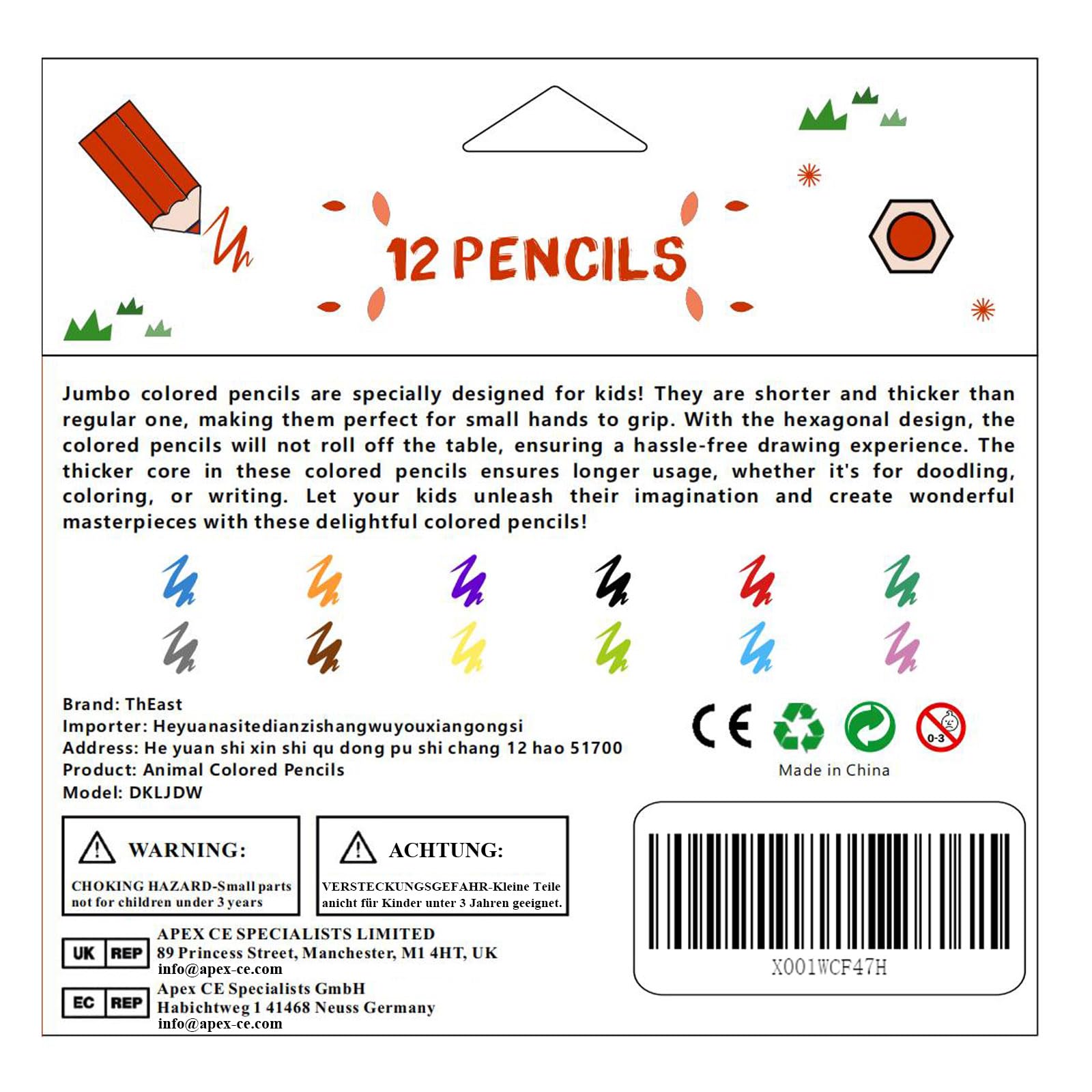 ThEast 12 Short Colored Pencils for Kids, Cute Animal Toddlers Crayons Color Pencil with Sharpener, Preschool Party Favors, Pre-Sharpened(Pack of 1)
