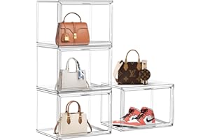EDS FAM 4Pack Clear Shoe Box Organizer, Acrylic Display Cases for Book Cosmetic Figures Collectibles Showcase, X-Large Bag Stackable Plastic Storage Bins with Magnetic Lid