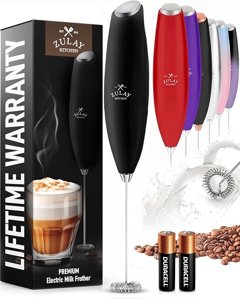 Zulay Kitchen Milk Frother Handheld Electric Whisk – Frother Wand with 2 Duracell Batteries, Durable Drink Mixer, Coffee Frot