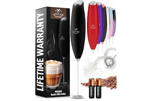 Zulay Kitchen Milk Frother Handheld Electric Whisk – Frother Wand with 2 Duracell Batteries, Durable Drink Mixer, Coffee Frother, Hand Blender, Frother for Protein Powder, Matcha & More - Black