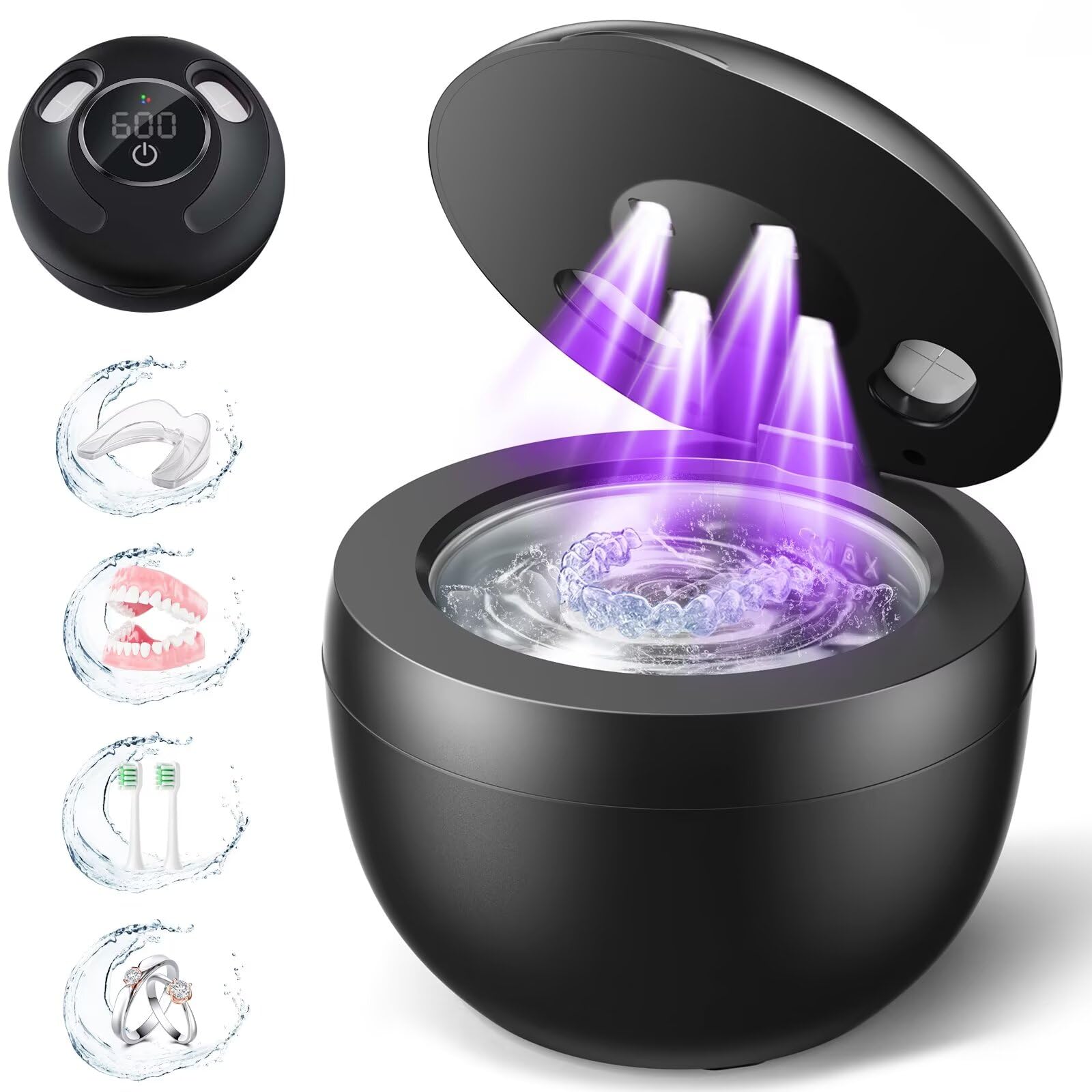 Photo 1 of Dental Ultrasonic Retainer Cleaner Machine: 45kHz Dental Cleaning Pod for Denture, Mouth Guard, Night Guard, Aligner, Braces, Toothbrush Head & Jewelry, UV Cleaner with Digital Timer & 4 Modes, Black