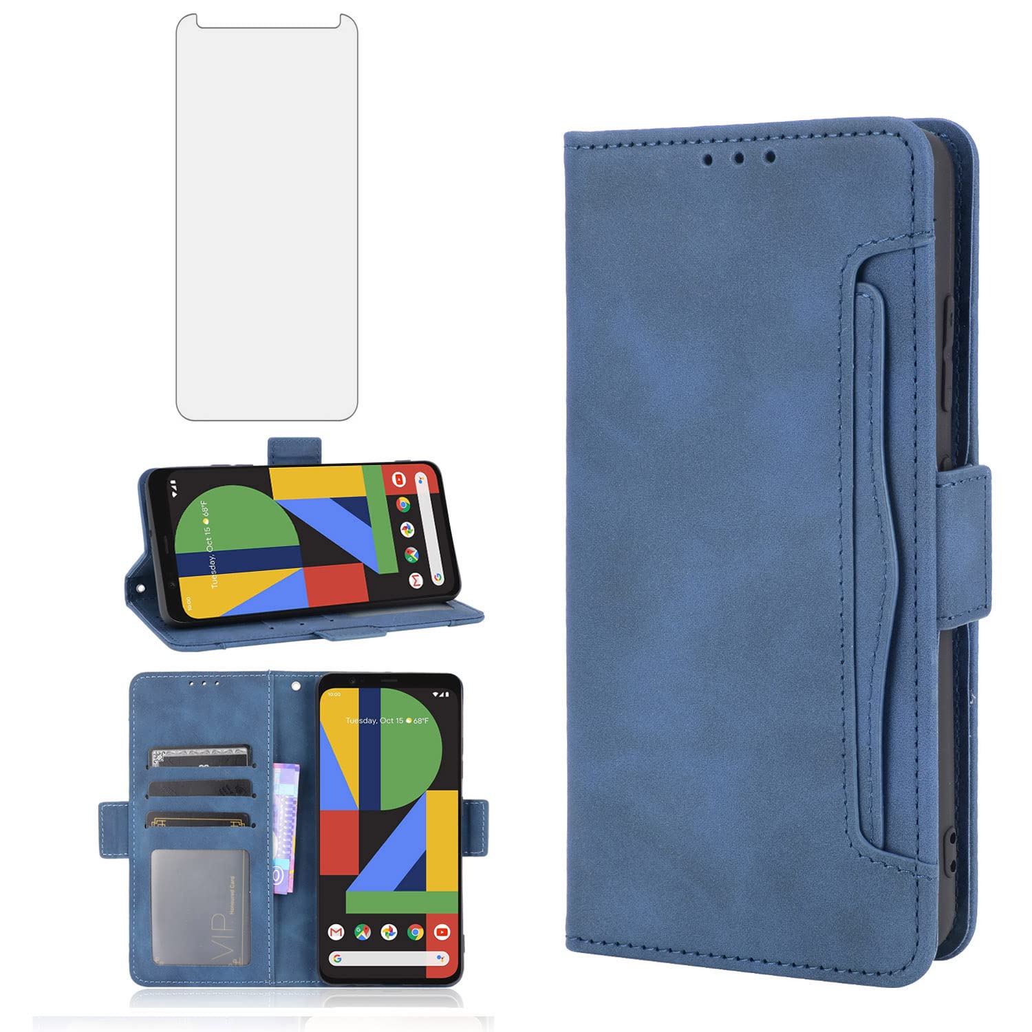 Phone Case for Google Pixel 4 Wallet With Tempered Glass Screen Protector Card Holder Slot ID Credit Stand Kickstand Leather Magnetic Purse Flip Cell Accessories Pixel4 Pixle Four Women Men Blue