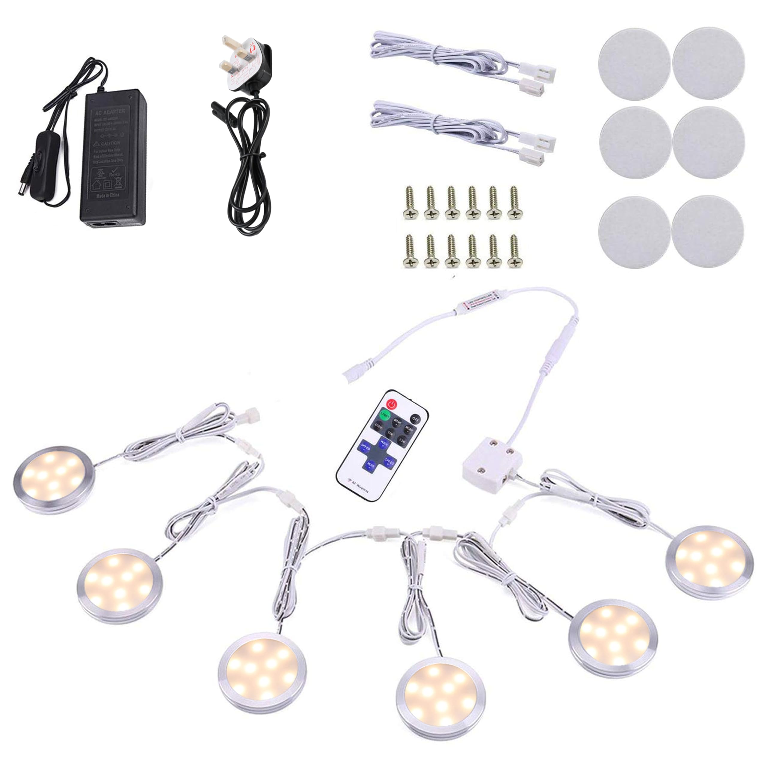 AIBOO Under Cabinet Kitchen Lights LED 6 Pack with Remote,Dimmable Under Cupboard Kitchen Light with Power Plug and Switch,Puck Lights Under Cabinet Lighting Under Counter Light Warm White 2700K