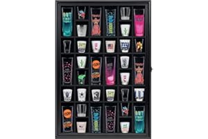 ILOT Shot Glass Display Cabinet Solid Wood - Large Display Case for Collectibles | Man Cave Accessories | UV Protection Acrylic Door | Wall Mounted Black Shadow Box | 36 Divided Slots | 26" x 18"