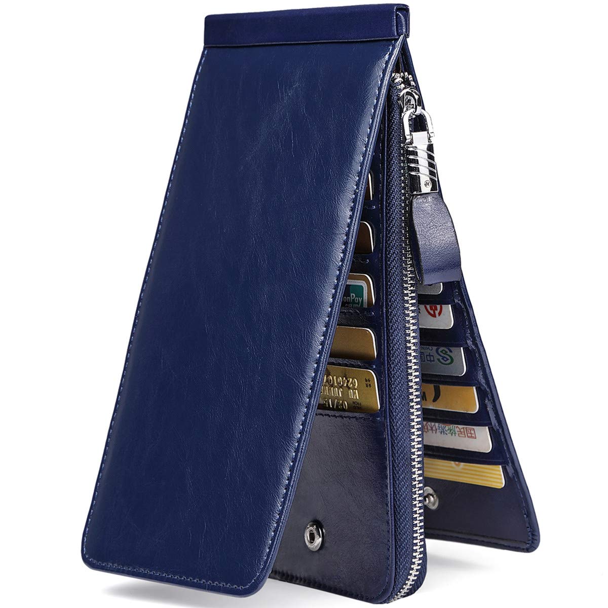 JEEBURYEE Women's Oil Wax Real Leather Multi Credit Card Holder Wallet RFID Blocking Long Bifold Clutch Wallet Ladies Purse with Zipper Pocket Blue, Blue Oil Wax Leather, Large