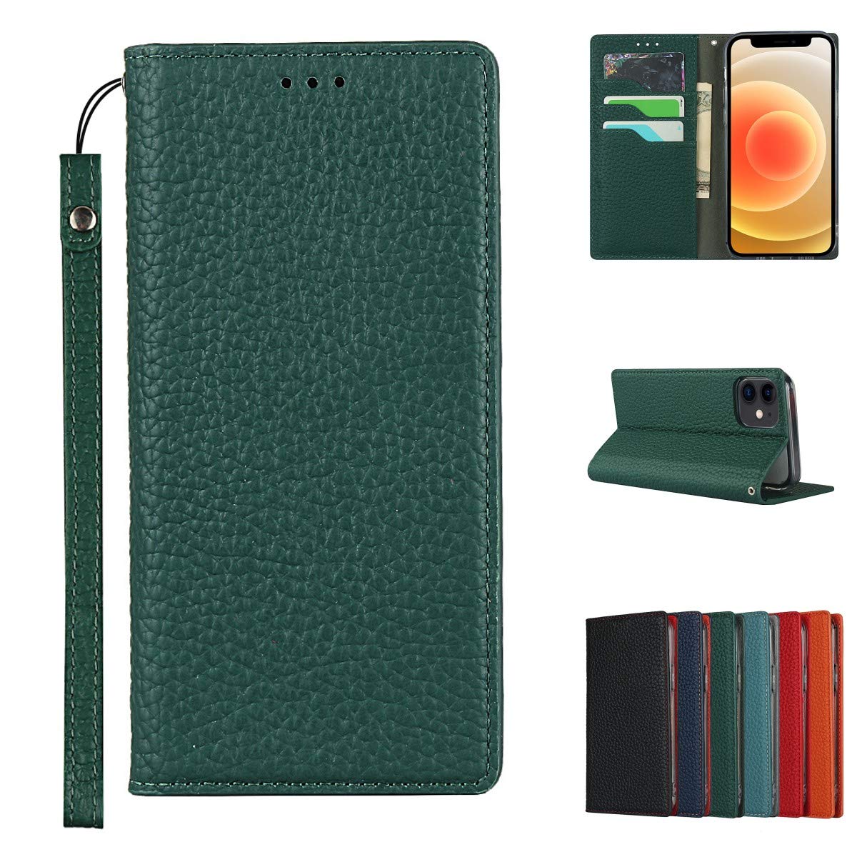 Copmob Case Compatible for iPhone 12 Mini With Card Holder With Strap,Genuine Leather Flip Wallet Case,[3 Slots][Magnetic Closure][RFID-Blocking],Phone Case Cover for iPhone 12 Mini - Dark Green