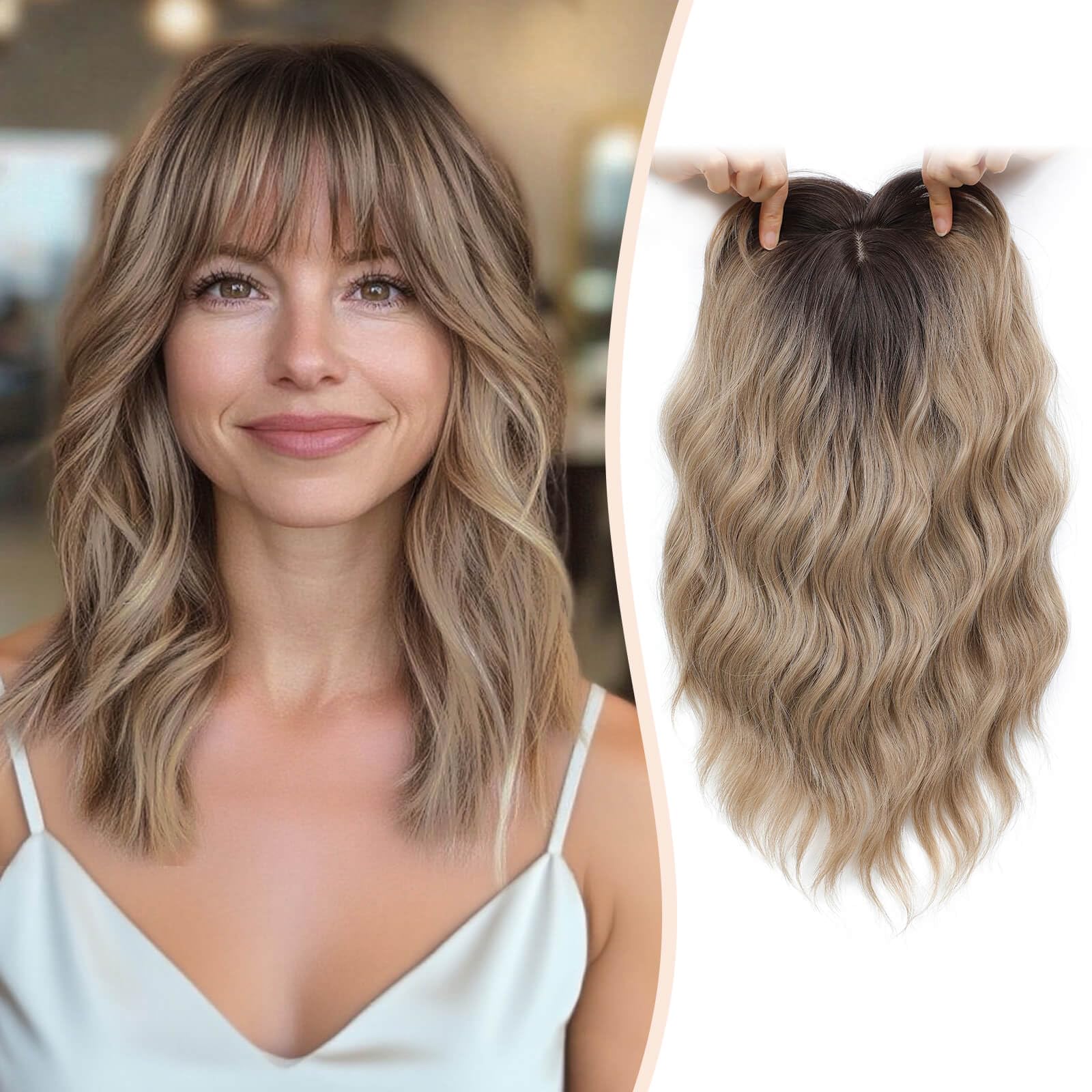 Photo 1 of MARJORIE Hair Topper,14inch Hair Pieces for Women, Natural Looking Synthetic Wavy Wispy Clip in Bangs, 6.5x6.5 Base Full Coverage Fit Comfortabale, Perfect for Daily Using/Party