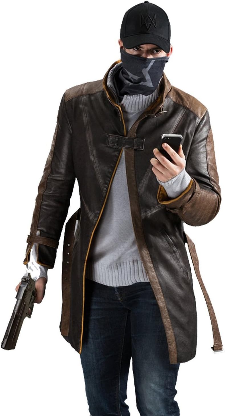 Xfang Men's Aiden Pearce Leather Trench Coat - Mens Brown Distressed Jacket