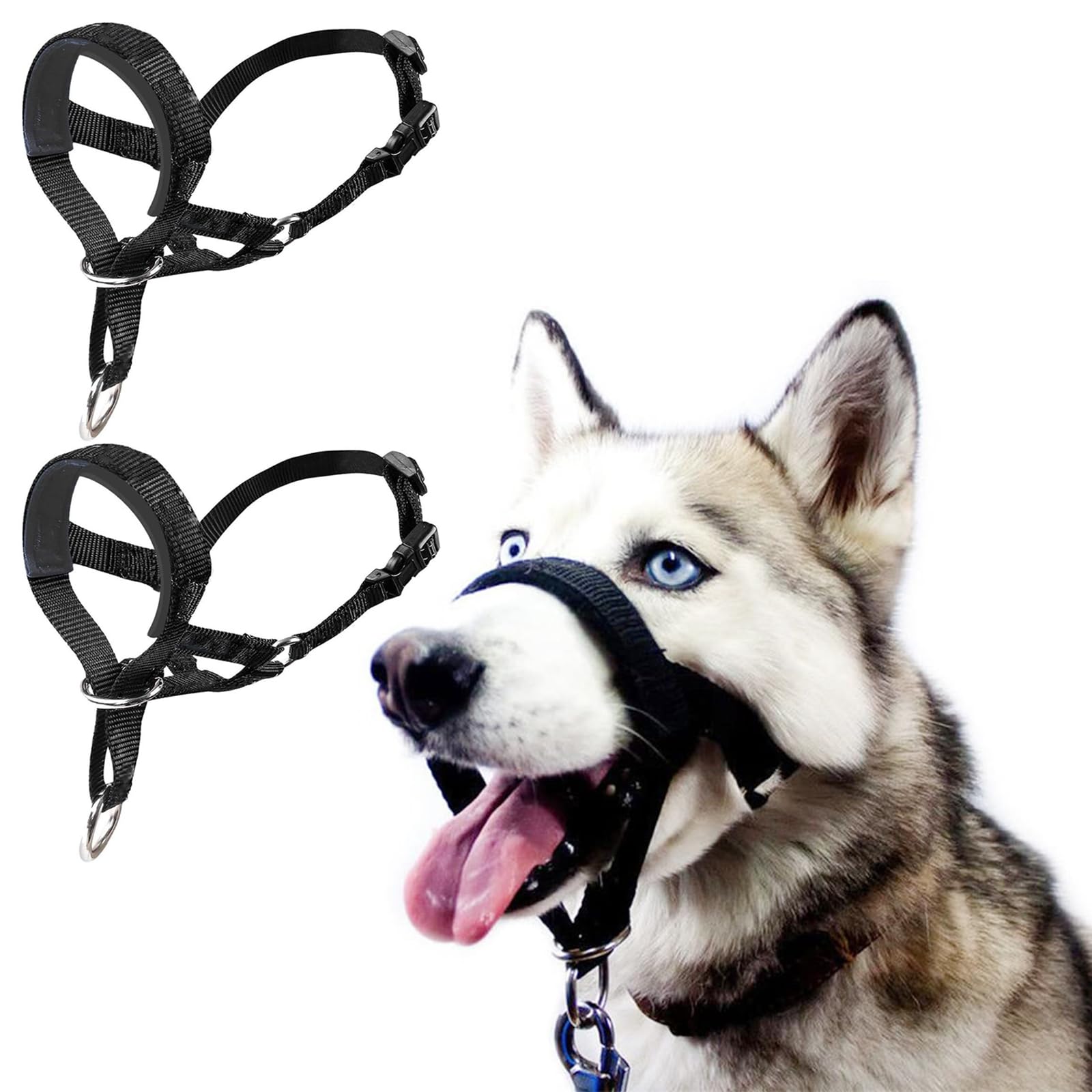JSTHHTT 2PCS Head Collar, dog mouth harness, Head Collar for Medium Dogs, Adjustable Lightweight, Easy to Use, Adjustable and Easily Control, Professional Anti-Pull Training Aid (L,Black)