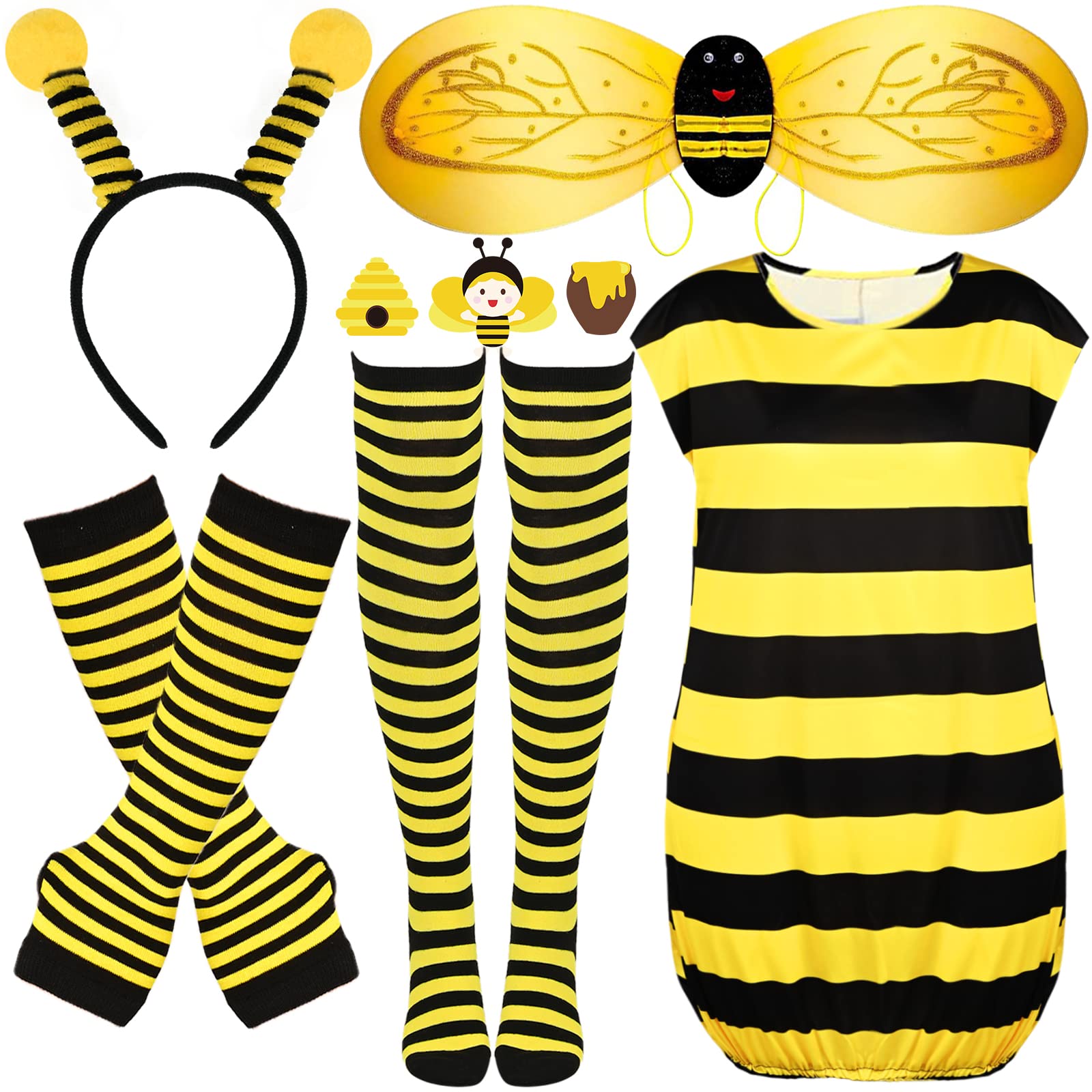 Bee Costume Set for Adults - Bopper Antenna Headband, Arm Warmers, Knee Socks, Wings, Dress for Women Halloween Cosplay Favors (S)