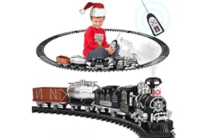 Train Set for Boys Girls, Remote Control Train Toys with Smokes, Lights and Sound, Toy Train Set for Under Christmas Tree, To