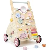 Pithfor Wooden Baby Walker, Baby Push Walker, Push Walker Toys for Babies Learning to Walk & Sit-to-Stand, with Montessori Sensory Toy & Activity Center for Girls Boys