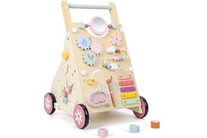 Pithfor Wooden Baby Walker, Baby Push Walker, Push Walker Toys for Babies Learning to Walk & Sit-to-Stand, with Montessori Sensory Toy & Activity Center for Girls Boys