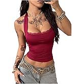 SweatyRocks Women's Y2k Lace Trim Halter Tops Square Neck Backless Fitted Crop Tank Tops