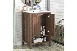 Anmytek Bathroom Vanity with Ceramic Sink, 24" Wood Bathroom Sink Cabinet with 2 Doors and Open Shelf, Walnut Modern Bathroom Vanity Cabinet Set (Faucet Not Included)