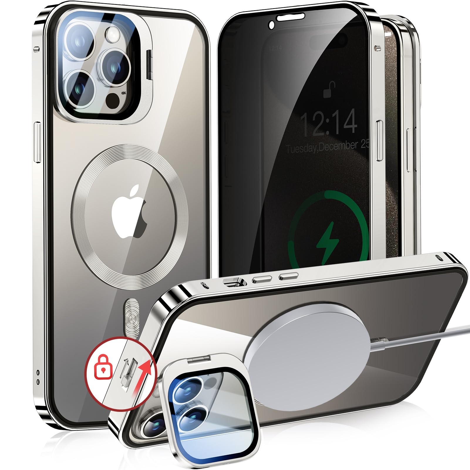 Photo 1 of YUNHUASM[Camera Invisible Stand & Slide Pop-up Lock Magnetic Privacy Case for iPhone 15 Pro [Compatible with MagSafe] [Full Lens Protection+Invisible Kickstand] Full Body Metal Bumper Cover-Gray