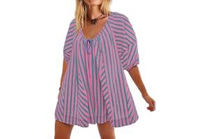 SDOHIG Striped Romper For Women Summer Romper Cute Puff Sleeve Short T Shirt Rompers Flowy Adjustable Neck Oversized Jumpsuit