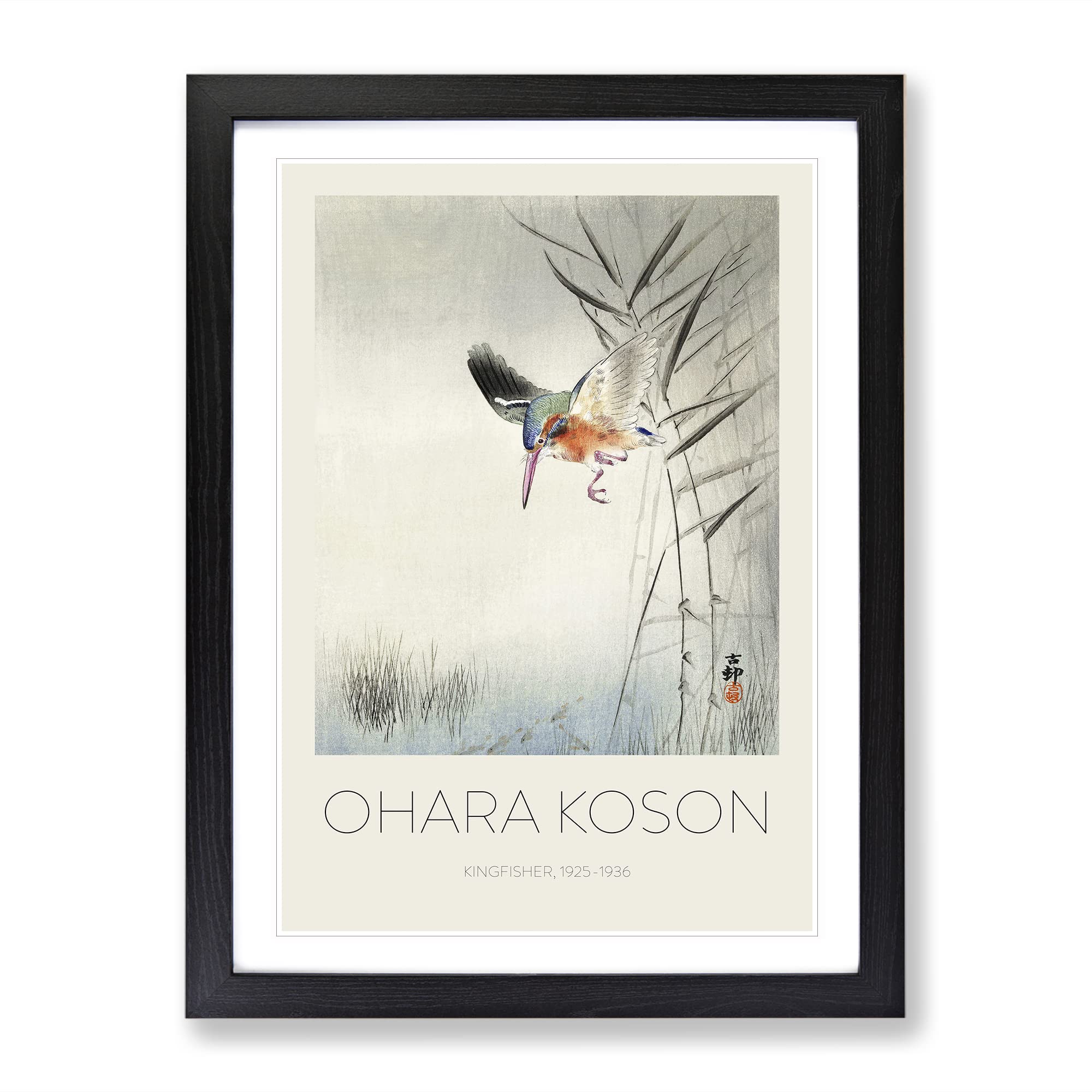 Hunting Kingfisher By Ohara Koson Exhibition Museum Asian Japanese Framed Wall Art Print, Ready to Hang Picture for Living Room Bedroom Home Office Décor, Black A3 (34 x 46 cm)