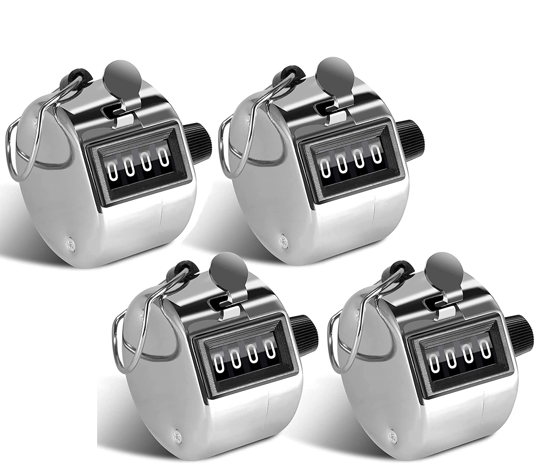 4 Hand Tally Counters, 4 Digit Mechanical Palm Clicker Counter Stainless Steel Hand Held Mechanical Clicker with Finger Ring Sliver
