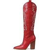 VOMIRA Knee High Cowboy Boots for Women Pointed Toe Chunky High Heels Pull-on Embroidered Boots Western Boots Wide Calf Cowgirl Boots