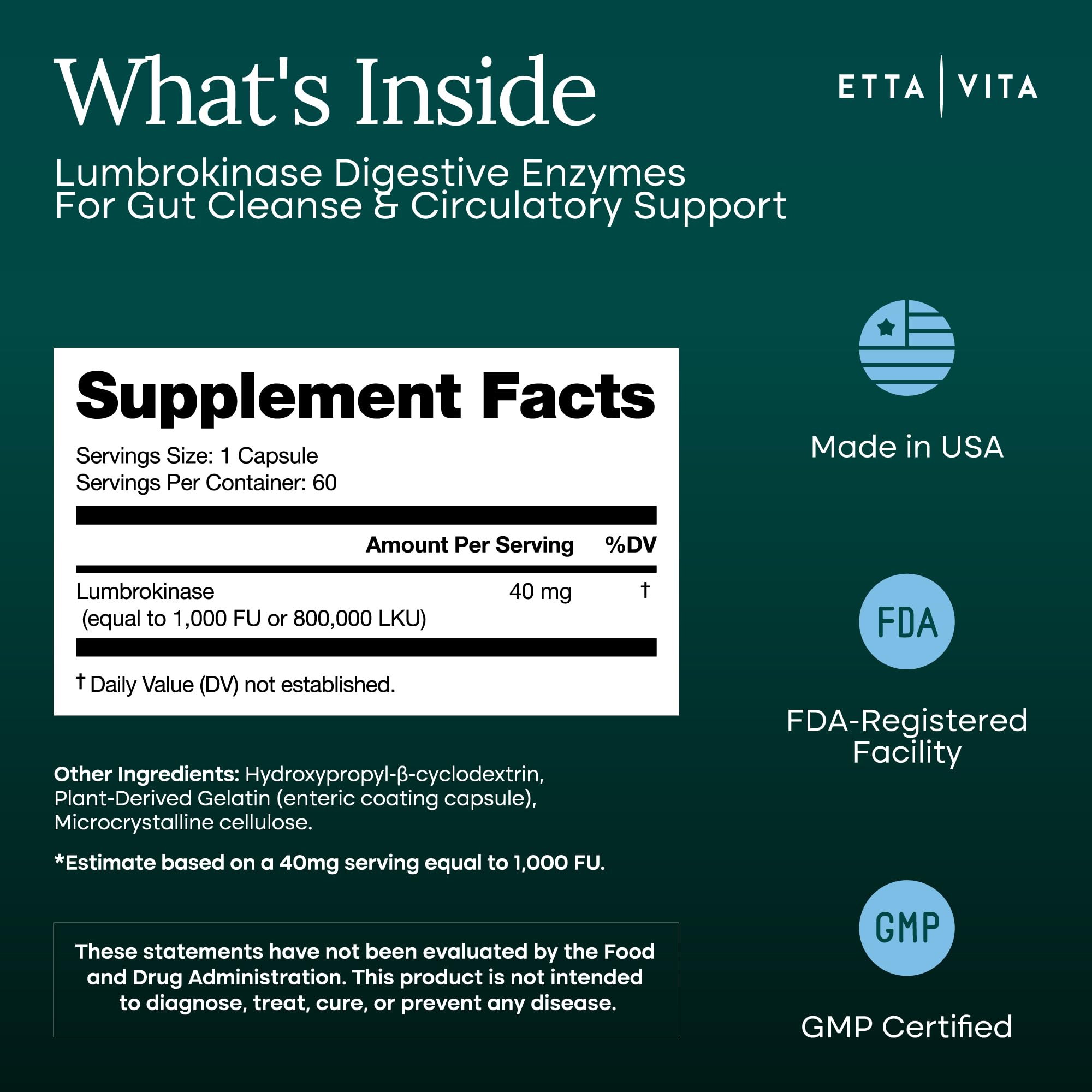 Potent Lumbrokinase Supplement 40mg/Serving (Max Activity - 800,000 Units) - Lumbrokinase Enzymes Capsules for Energy Support, Digestion, Detox, Cognition & Gut Health - Similar to Nattokinase