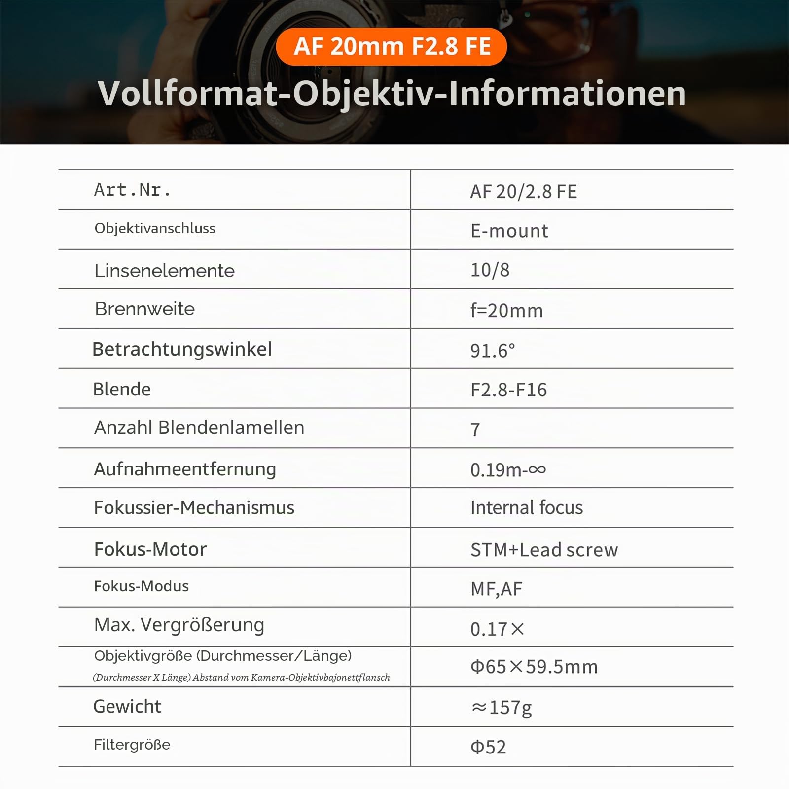 VILTROX AF 20mm F2.8 FE für Sony E Mount Vollformat Objektiv Prime 7