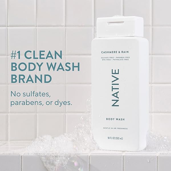 NATIVE BODY WASH CONTAINS NATURALLY DERIVED INGREDIENTS | FOR WOMEN & MEN, SULFATE, PARABEN, & DYE FREE LEAVING SKIN SOFT AND HYDRATED | CASHMERE & RAIN 18 OZ
