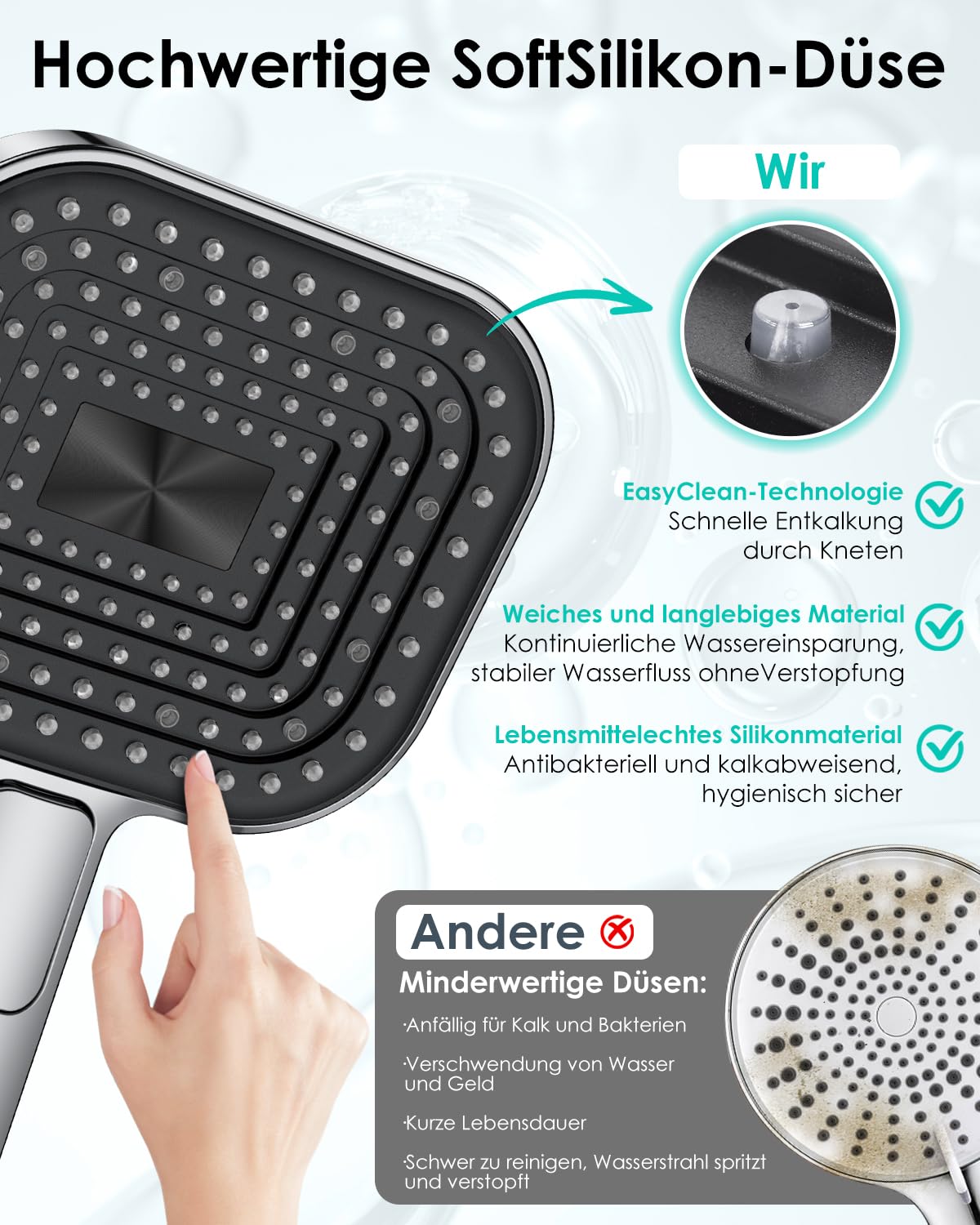 Duschkopf Wassersparend, Duschbrause Groß 135mm, Handbrause mit Antikalk-Funktion 【Lebensmittelechtes Silikon】【43% Wassereinsparung】, AirMix Brausekopf Dusche mit 3 Strahlarten, Chrom (Ohne Schlauch) 2