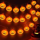 Halloween Lights Outdoor Indoor 20FT 30 LED 3D Pumpkin Lights Halloween String Lights Battery Operated, 8 Light Modes Waterproof Pumpkin Decor Light for Home Porch Yard Window Party Outside Decoration