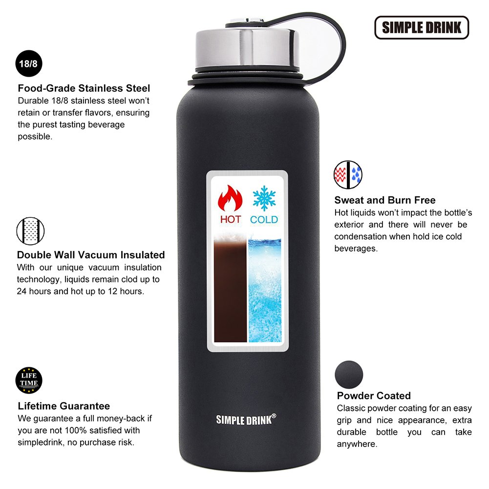 Stainless Steel Insulated Water Bottle - Wide Mouth Leak Proof Vacuum Outdoors Coffee Mug - Ice Cold Up to 24 Hrs / Hot 13 Hrs Double Walled Flask - Laser Marking