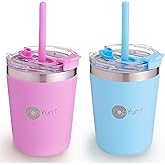 PopYum 9oz Insulated Stainless Steel Kids’ Cups with Lid and Straw, 2-Pack, Blue, Pink, stackable, sippy, baby, child, toddler, tumbler, double wall, vacuum, leak proof