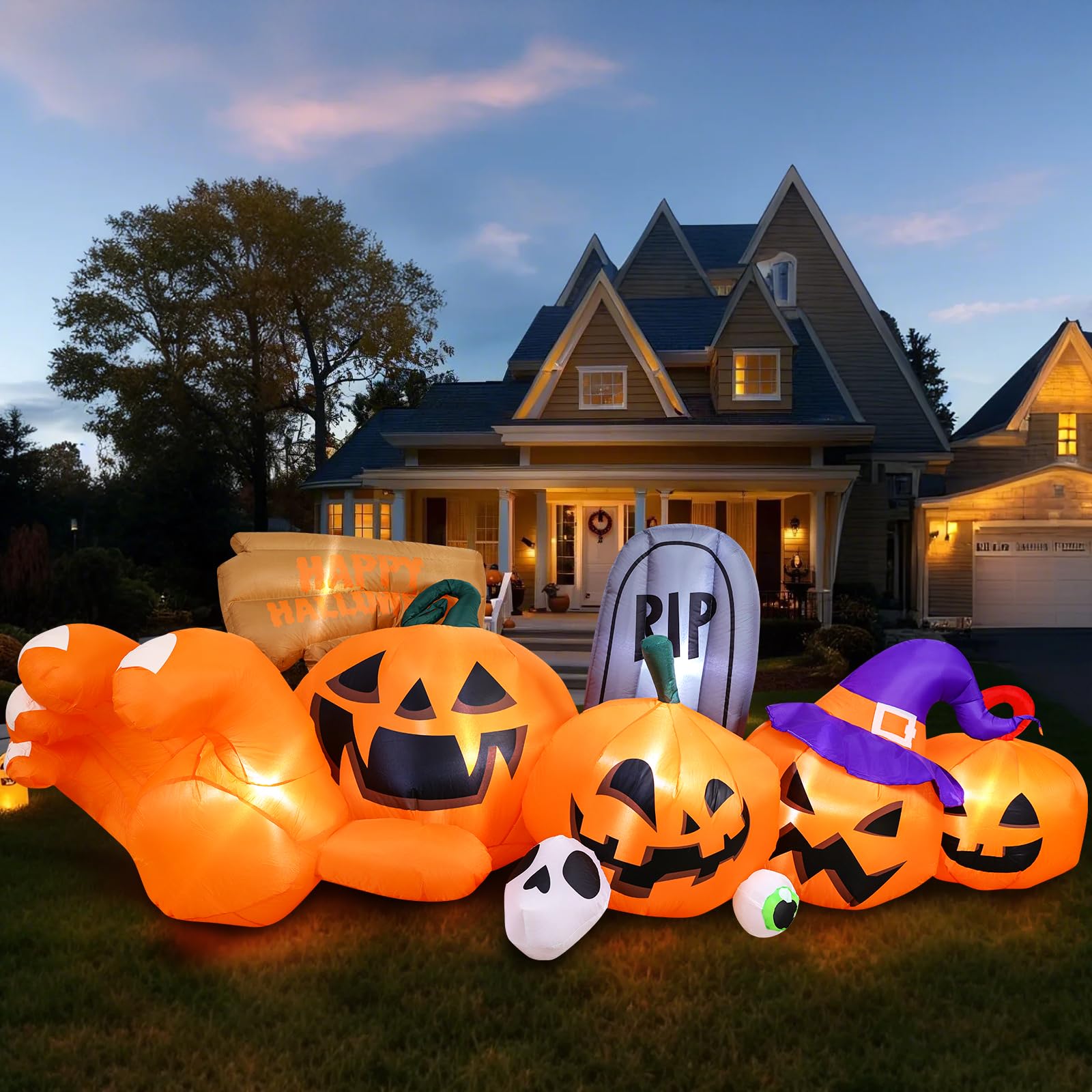 Photo 1 of ***UNKNOWN DAMAGES/ POSSIBLY FOR PARTS*** Garma 9.2 Ft Halloween Inflatables Outdoor Decorations, Long Inflatable Blow Ups Yard Decoration Pumpkin with Build-in LEDs, Gravestone and Witch Hat for Halloween Party Indoor, Lawn, Garden Decor