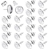 Hicarer 200 Pieces Stud Earring Kit, Including 50 Pieces 12 mm Stainless Steel Blank Stud 50 Rubber Back, 50 Pieces 12 mm Clear Glass Cabochons 50 Stainless Steel Earring Back for DIY Making (Silver)
