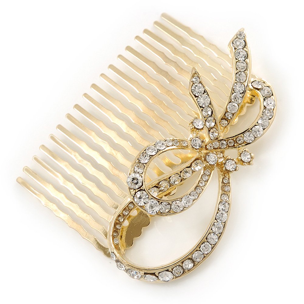 Bridal/Wedding/Prom/Party Gold Plated Clear Austrian Crystal Bow Side Hair Comb - 65mm