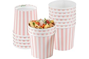 Bio Tek 12 Ounce Soup Containers, 25 Durable Soup Bowls - Disposable, Sustainable, Pink And White Paper Soup Cups, Striped, Round, For Hot Or Cold Foods - Restaurantware