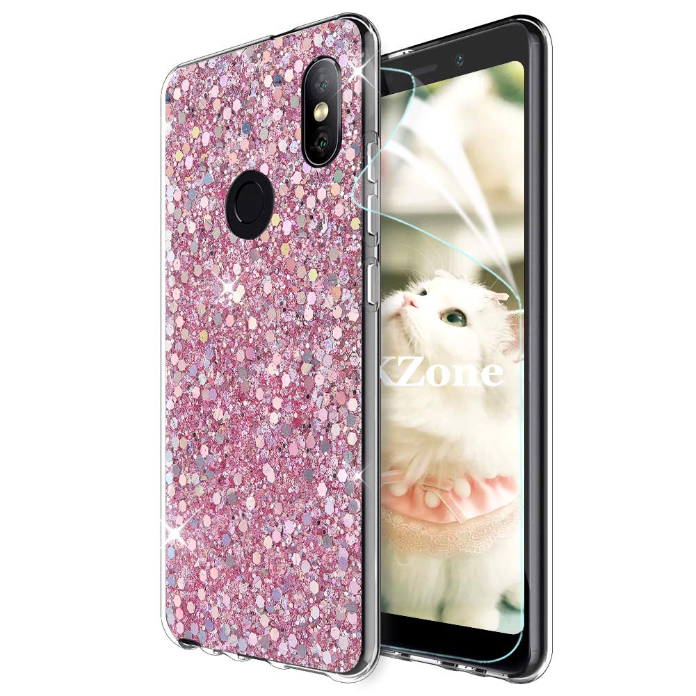 OKZone Redmi Note 5 Pro Case [with HD Screen Protector], Bling Glitter Sparkle Designer Slim Fit Soft Gel TPU Silicone Skin Cover Anti-scratch Protective Shining Fashion Style Case(Pink) — image 1