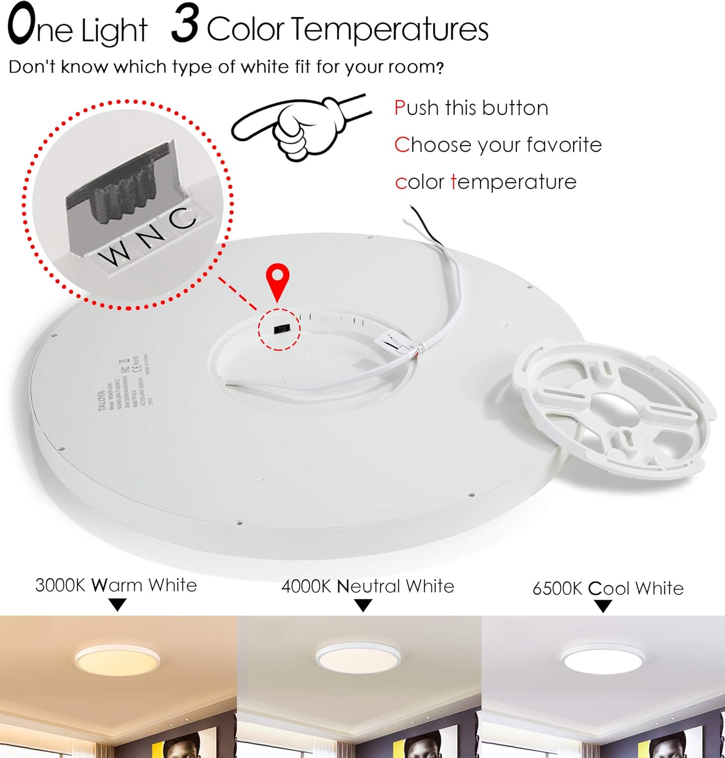 TALOYA Flush Mount 12 Inch Ceiling Light (Milk White Shell), 20W Surface Mount LED Light Fixture for Bedroom Kitchen, 3 Color Temperatures in One（3000k/4000k/6500k), 0.94 Inch Thickness Round - - 
