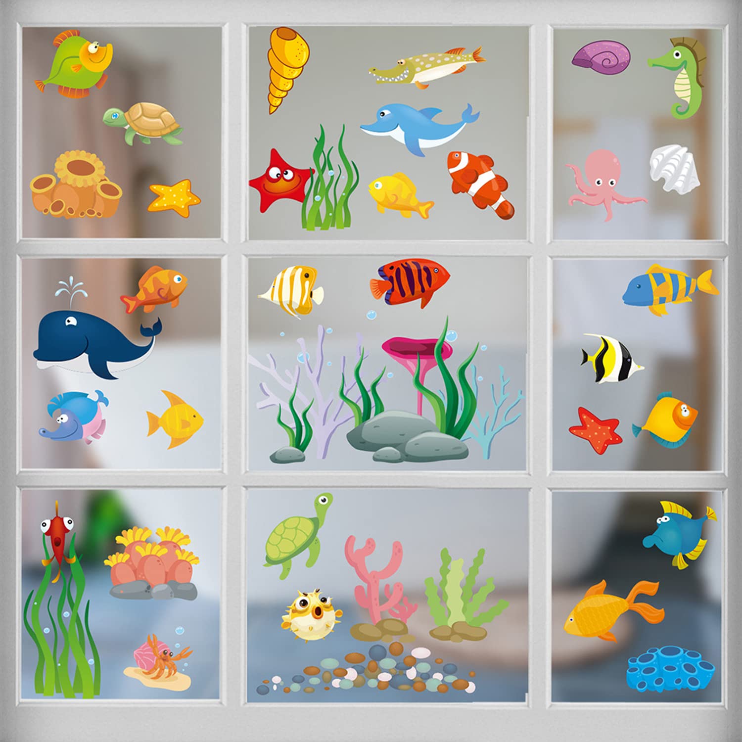 Payutou 4 Sheet 37 Pcs Window Clings for Kids Window Gel Clings Decals Stickers Toddlers and Adults Ocean Theme Home Classroom Nursery Spring Summer Winter Animals Party Supplies Decorations