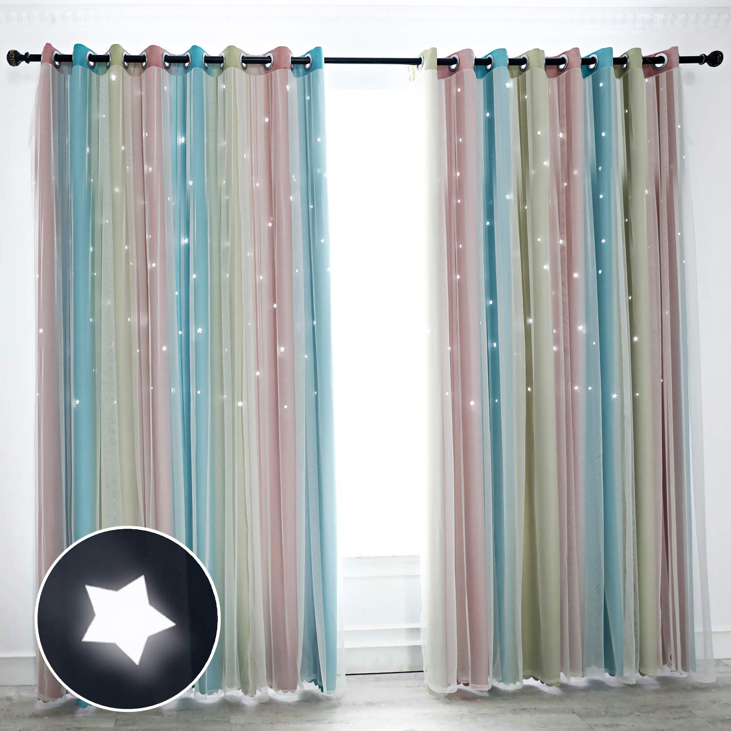 Hughapy Star Curtains Stars Blackout Curtains for Kids Girls Bedroom Living Room Colorful Double Layer Star Cut Out Stripe Window Curtains, 1 Panel -(52W x 84L, Pink/Blue)