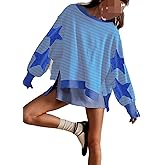 Yojeasrio Womens Oversized Crewneck Sweatshirt Y2k Striped Star Long Sleeve Side Slit Pullover Sweatshirt Teen Girl Aesthetic