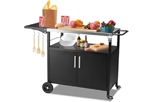 Spurgehom Outdoor Grill Cart, Pizza Oven Stand Table with Stainless Steel Top Movable Kitchen Cooking Prep Table BBQ Cart Kitchen Prep