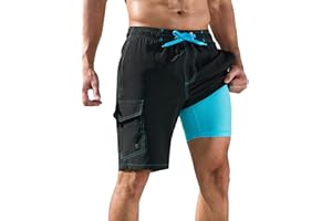 SILKWORLD Mens Swim Trunks with Compression Liner Quick-Dry 10" Stretch Beach Shorts