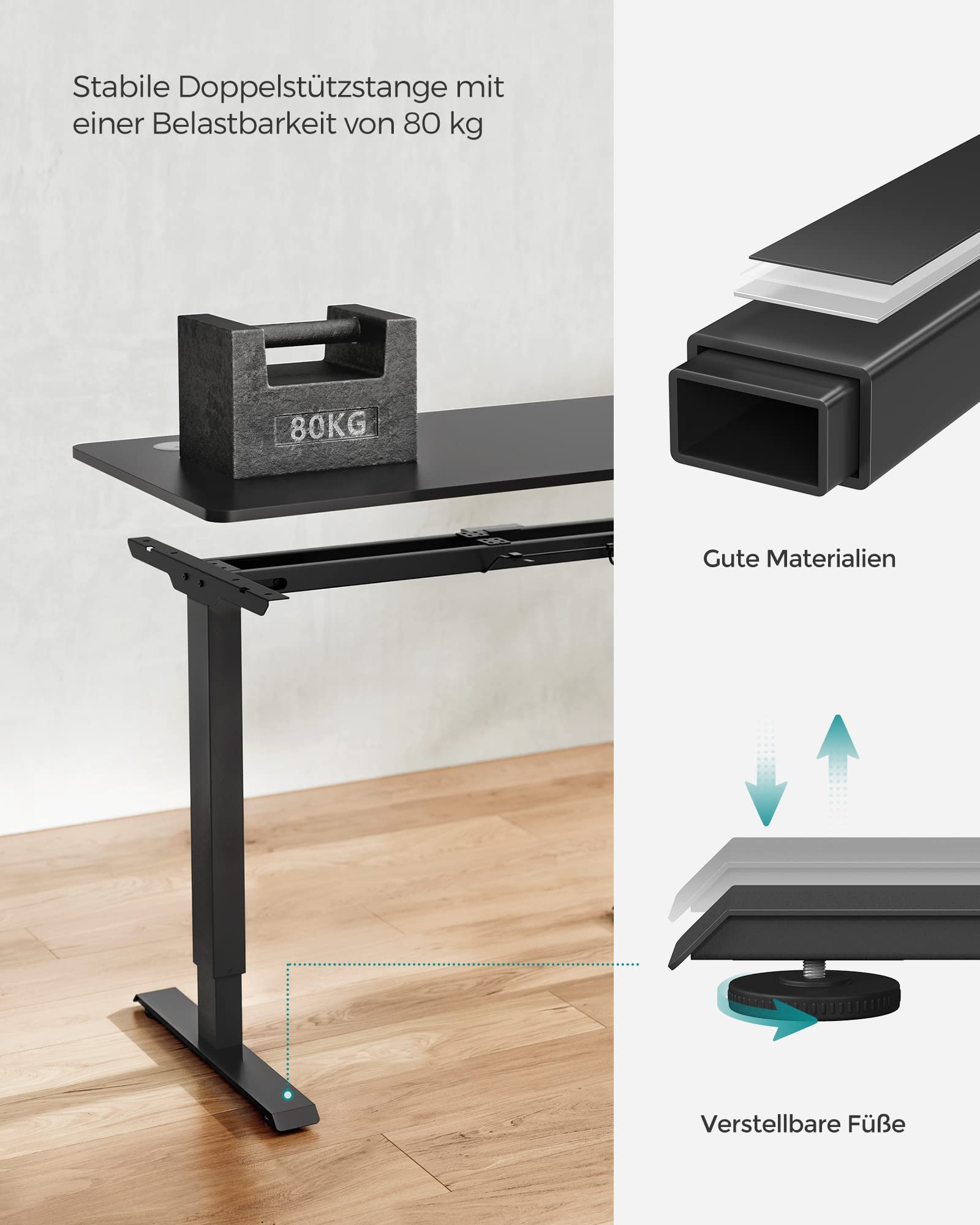 SONGMICS Tischgestell, höhenverstellbar, Schreibtischgestell, elektrischer Schreibtisch, Tischständer mit Motor, Länge verstellbar, Stahl, schwarz LSD010B01 7