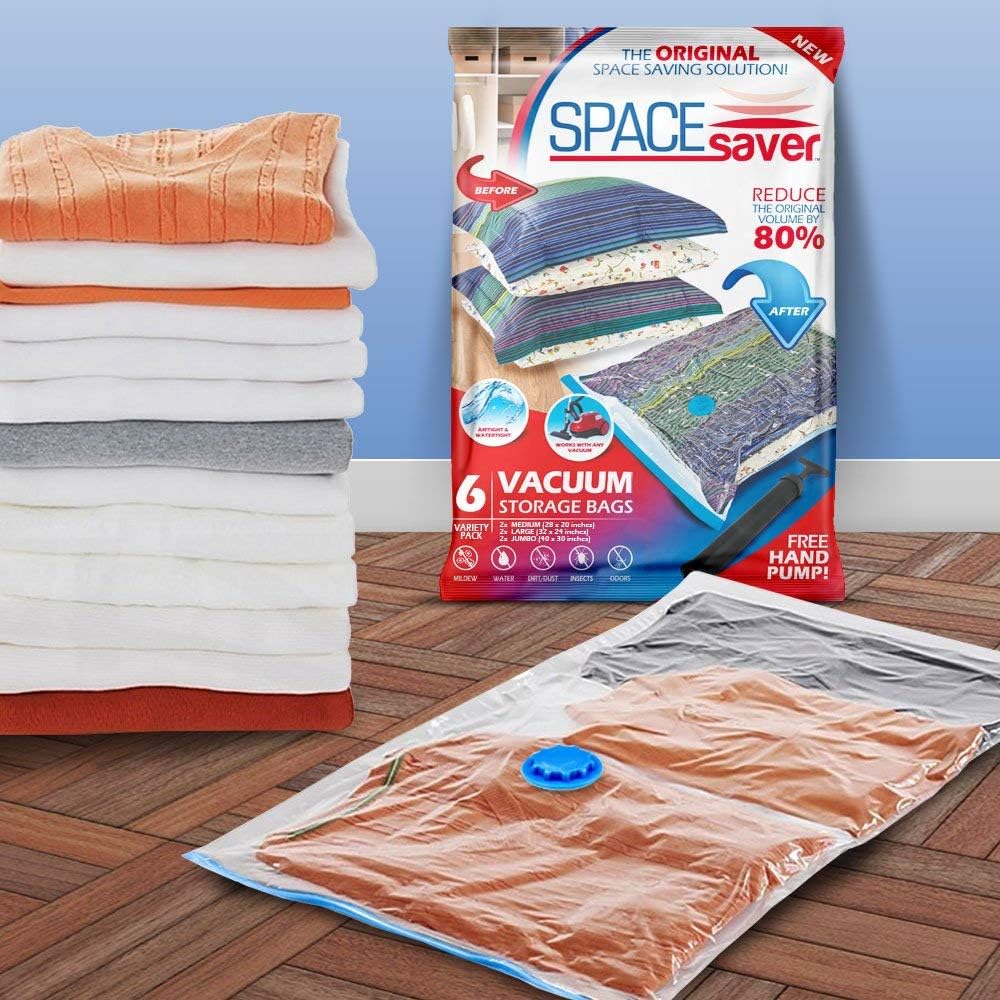 Spacesaver Premium Vacuum Storage Bags 6 Pack (2 x Medium, 2 x Large, 2 x Jumbo) 80% More Storage! Hand-Pump for Travel! Double-Zip Seal and Triple Seal Turbo-Valve for Max Space Saving! (6 Pack): Home & Kitchen