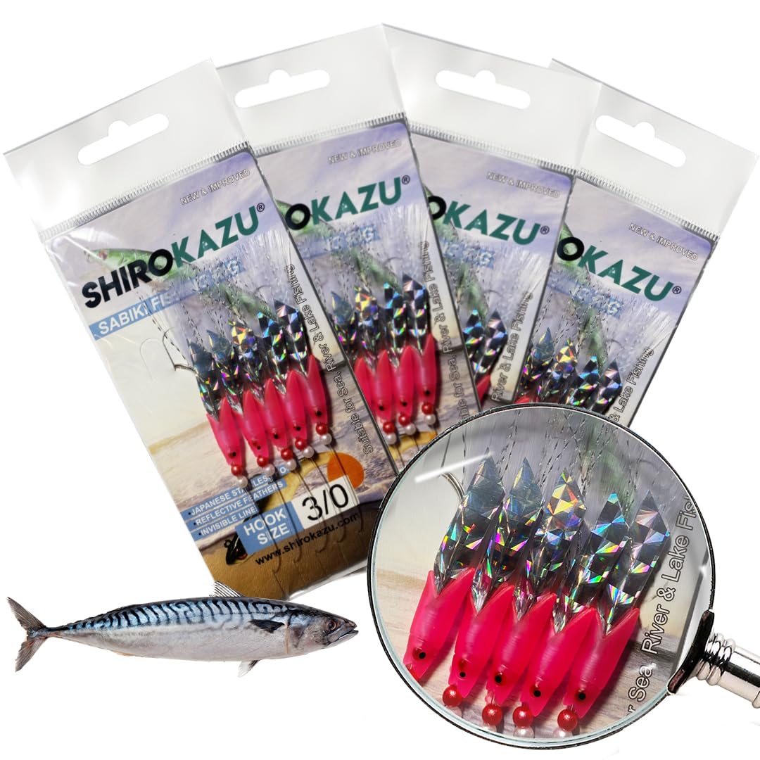 SHIROKAZU Luminous Mackerel Feather Lures - Anti-Rust Steel Hooks, Versatile Use for Freshwater & Saltwater Fishing - 5 Hooks Each, Ideal for Sea Bass, Trout, Perch, Carp (Pink Squid x4 Packs)
