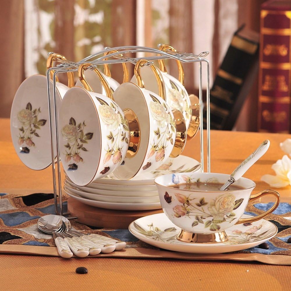 Dinner Sets HAIZHEN European - Style Bone China Coffee Cup Set  English Afternoon Tea Retro England Rose With Shelf Coffee Cup Ceramic (Color : #4)